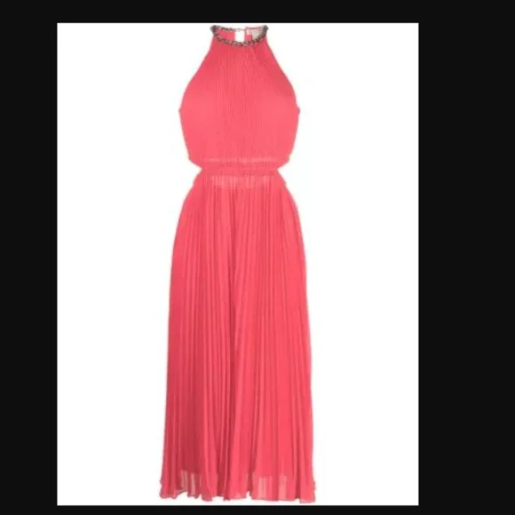 NWT Michael Kors Pleated Georgette Cutout Dress Size Large - Halter Maxi - Picture 2 of 6